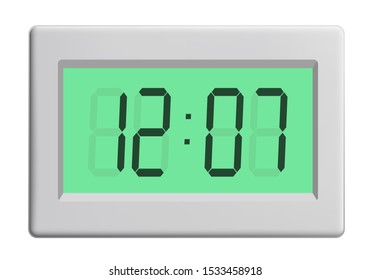 Realistic illustration of plastic digital clock or time counter with green display and black numbers and signs. Isolated on white background - vector