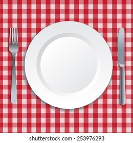 Realistic illustration of plate, fork and knife. Vector art.