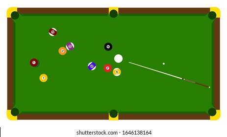 Realistic illustration with pool billiard on green table. Pool billiards tournament announcement poster of color balls on green table. Vector design for billiards championship for sport game players