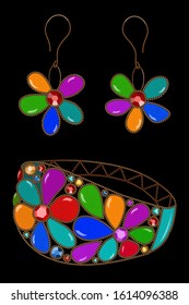 Realistic illustration of pretty  handmade vintage bracelet and earrings with colorful stones isolated on black background 