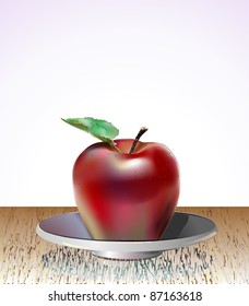 Realistic illustration of red APPLE on the saucer. Leaf. Shadow. Isolated. Vector.