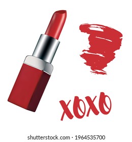 
Realistic illustration of red lipstick on a white background. Red lipstick mark and xoxo inscription. Red and silver packaging. Gradient mesh style. Can be used in web design, checklist, manuals, pri