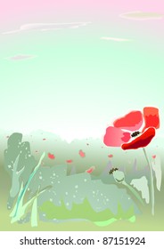 Realistic illustration of red POPPY in the green landscape. Clouds. Vector.