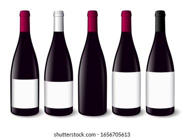 Realistic illustration of red wine bottles
Red, silver and black bottle capsule. Different sizes of white labels. Mockup. Vectorial illustration