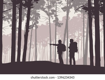 Realistic illustration of retro landscape silhouettes with forest and coniferous trees. Two hikers, man and woman with backpacks. Shows Hand Path - Vector