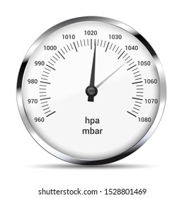 Realistic illustration of round metallic barometer for atmospheric pressure and weather measurement with hand, arrow and numbers. Isolated on white background - vector