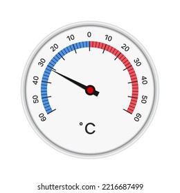 Realistic illustration of a round thermometer with a white plastic circular frame. Arrow for measuring temperature and scale of red and blue colors - vector