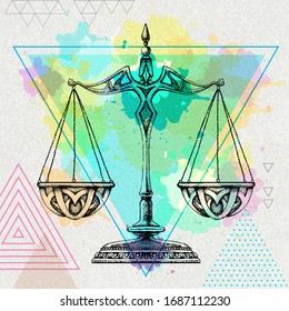 Realistic illustration of scales on artistic polygon watercolor background. Libra zodiac sign