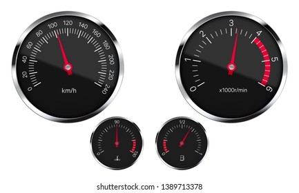 Realistic illustration of a set of black instruments dashboard car with round metal frames with reflections. Isolated on white background - vector