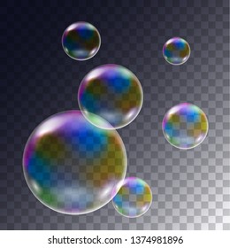 Realistic illustration of set of flying rainbow soap bubbles on transparent background - vector