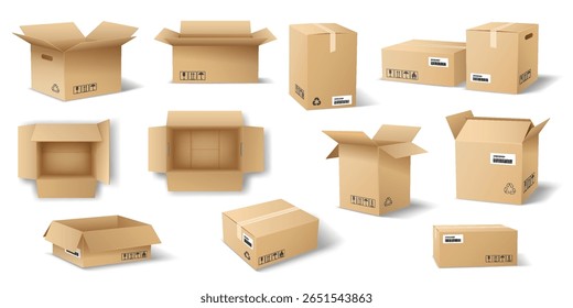 Ilustração realista de várias caixas de papelão em várias posições exibidas em um fundo branco. Útil para design de embalagens, conceitos de transporte e visuais logísticos.