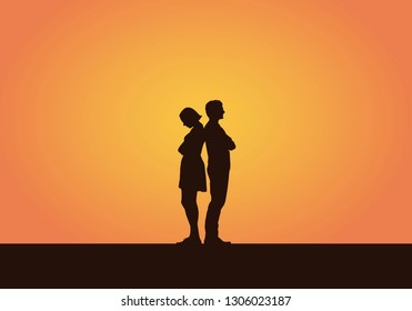 Realistic illustration of a silhouette of a couple of young people, men and women after a quarrel or disagreement. Isolated on an orange background - vector