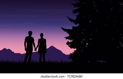 Realistic illustration of a silhouette of a loved man and woman on a romantic stroll through a mountain landscape with trees under a blue sky with dawn - vector