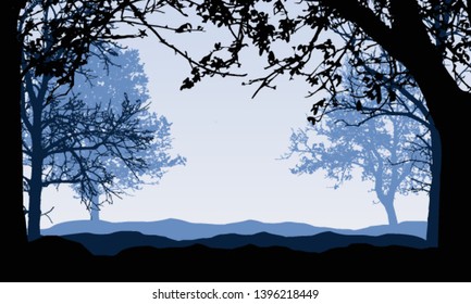 Realistic illustration of silhouettes of blue landscape with forest and deciduous trees. Branches with autumn leaves and blue sky, with space for text - vector