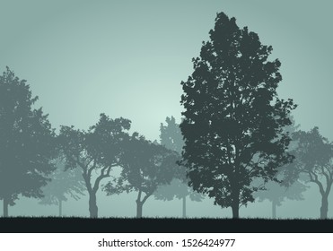 Realistic illustration silhouettes of deciduous trees in forest or meadow. Green sky with sunrise and space for text - vector