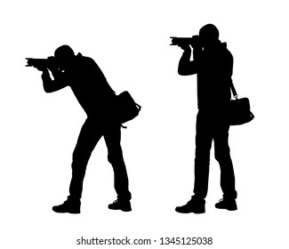 Realistic illustration of silhouettes of a man photographer with camera and bag. Isolated vector on white background