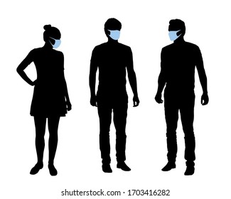 Realistic Illustration Of Silhouettes Of People, Men And Women Characters With Protective Masks Against Covid Infection On The Face. Isolated On White Background - Vector