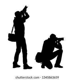 Realistic Illustration Of Silhouettes Of A Standing And Kneeling Man Photographer With Camera And Bag. Isolated Vector On White Background