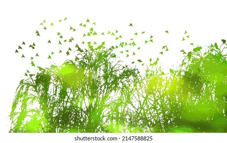 Realistic illustration with silhouettes of three birds - crows or ravens sitting on tree branch without leaves and flying, isolated on white background - green vector