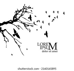 Realistic illustration with silhouettes of three birds - crows or ravens sitting on tree branch without leaves and flying, isolated on white background - vector