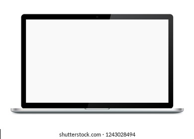 Realistic illustration of a silver laptop with blank white screen with webcam and black frame, isolated on white background - vector