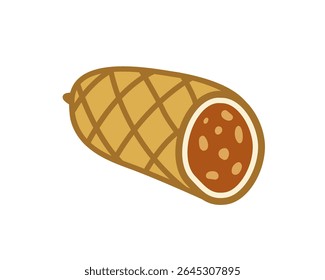 Realistic illustration of sliced salami sausage with visible fat marbling and rich texture in detailed culinary composition. Vector illustration.