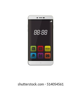 Realistic illustration of smartphone isolated on white background. Digital clock and set of colored app icons on smartphone.