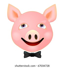 Realistic illustration of smile head of pig in a tie-butterfly. Vector