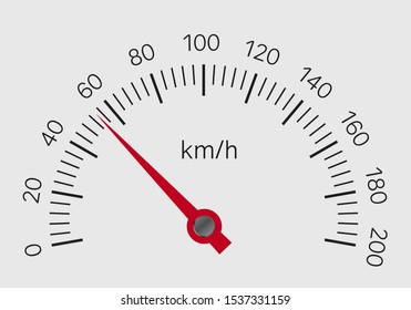 Realistic illustration of speedometer with red hand and black numbers with kilometers per hour. Isolated on white background - vector