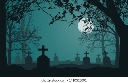 Realistic illustration spooky landscape   forest and dead   dry trees  cemetery and tombstones   full moon night green sky  Suitable as card for Halloween    vector
