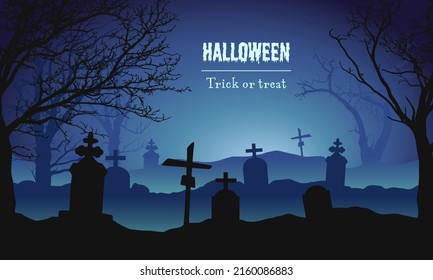 Realistic illustration of a spooky landscape and a forest with dead and dry trees, a cemetery with tombstones and fog at night. Halloween vector background, template