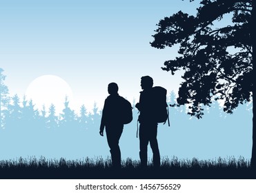 Realistic illustration of standing two tourist, man and woman with backpack, grass and high tree. Forest under blue sky with sunrise or sunset. With space for text - vector