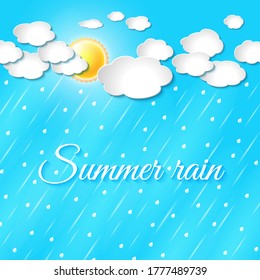 Realistic illustration of summer mushroom rain on the background of the sun and white clouds. Fairy tale character for children's illustrations.