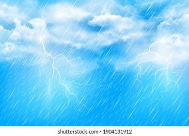 Realistische Illustration von Sommerregen mit Gewitterwolken und Blitz am Nachmittag gegen den blauen Himmel. Abstrakter Vektorhintergrund.