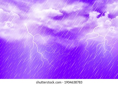 Realistic illustration of summer rain with thunderclouds and lightning in the afternoon against the blue sky. Vector abstract background.