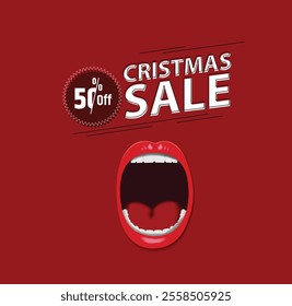 A realistic illustration of a surprised woman's red mouth with the text 50% Off Christmas Sale, in orange background