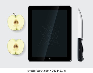 Realistic illustration of tablet pc used like cutting board, halves of green apple and knife