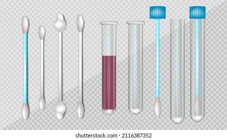 Realistische Illustration des Prüfröhrchens, medizinische Probe in geschlossenen Glasbehältnissen und Schwabenknochen auf Plastikknüppeln oder Wattestäbchen