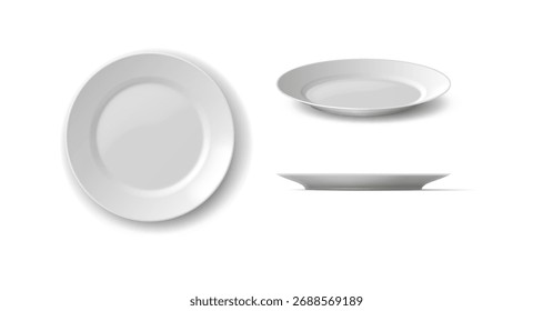 Ilustração realista de três placas brancas vazias isoladas sobre fundo branco. Perfeito para apresentações culinárias. Ideal para menus de restaurante e livros de receitas.