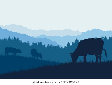 Realistic illustration with three silhouettes of cows on pasture, grass and forest, under blue sky - vector