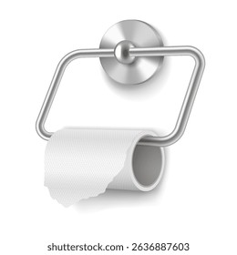 A realistic illustration of toilet paper on a sleek metal holder. The design features clean lines and a minimalist aesthetic. It is set against a plain white background