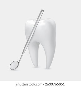 Realistic illustration of a tooth with dental mirror isolated on a grey background 