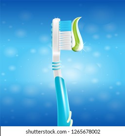 Realistic Illustration Toothbrush with Paste in 3d. Vector Image Toothbrush with Soft Bristles, Applied Whitening Mint Toothpaste. Oral Care and Teeth Whitening. Isolated on Blue Background