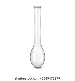 Realistic illustration of a transparent glass laboratory flask. The flask's long neck and rounded bottom are designed for scientific experiments and chemical reactions.