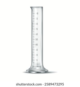 Realistic illustration of a transparent graduated cylinder with volume markings. Used in scientific experiments and laboratories, ideal for measuring liquid volumes accurately.