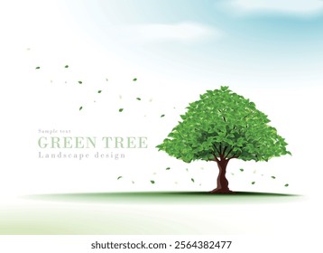 A realistic illustration of a tree with fresh green leaves and young leaves standing on a grassland with a blue sky | Spring and Summer scenery