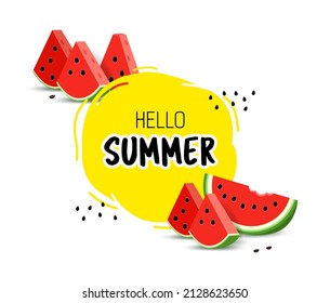 Realistische Illustration dreieckiger Wassermelonen-Saftscheiben. Banner mit Text in rund hallo Sommer. Vektorgrafik Wassermelonen-Scheiben mit Samen auf Weiß.