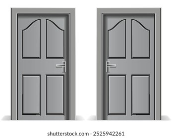 Uma ilustração realista de duas portas duplas cinzas idênticas, perfeitas para projetos de design residencial, construção e design de interiores.