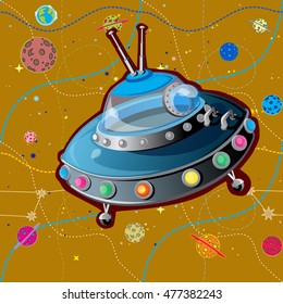 Realistic illustration of an unidentified flying object with an empty cabin in Space Background