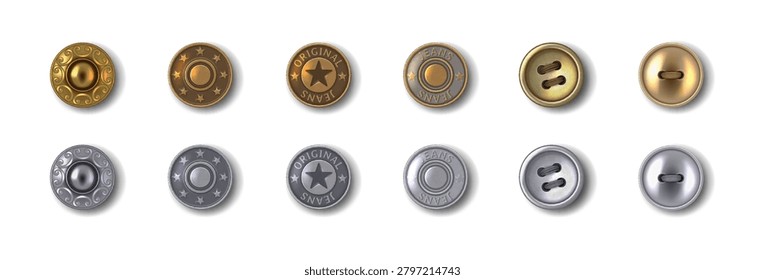 Realistic illustration of various metal buttons for clothing. Metallic finishes include gold, bronze, and silver. Ideal for adding luxury to garments and accessories.